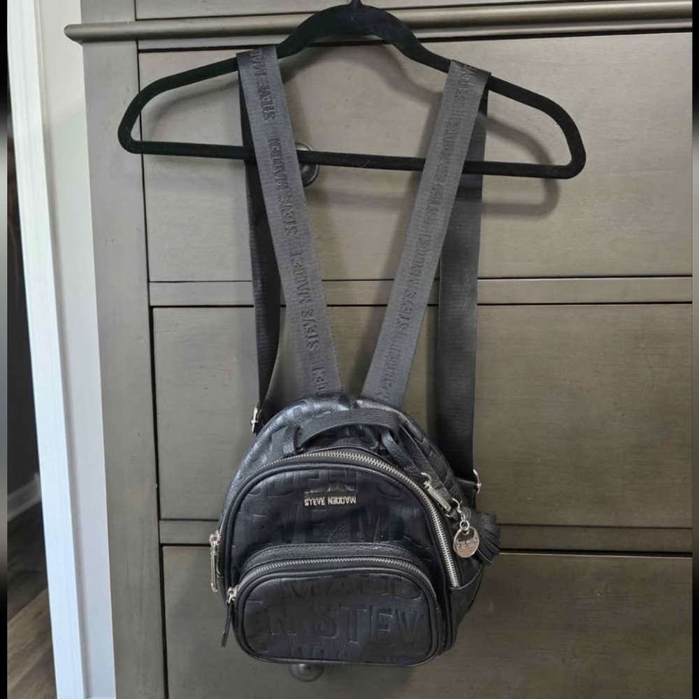 Steve Madden Black Embossed Logo Mini Backpack